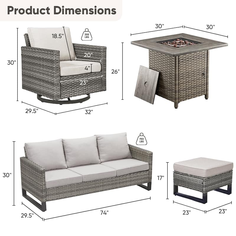 6 Pieces Fire Pit Table with Sofa Swivel Chair Ottoman Set