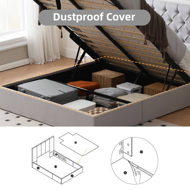 Plywood Frame Upholstered Platform Bed with Lift-up Storage Supported by Metal and Wooden Slats