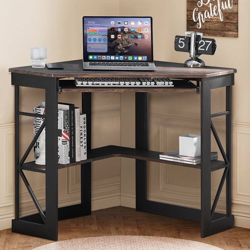VECELO Triangular Corner Desk with Keyboard Tray Space Saving Metal Computer Desk for Home Office Study Bedroom - Brown
