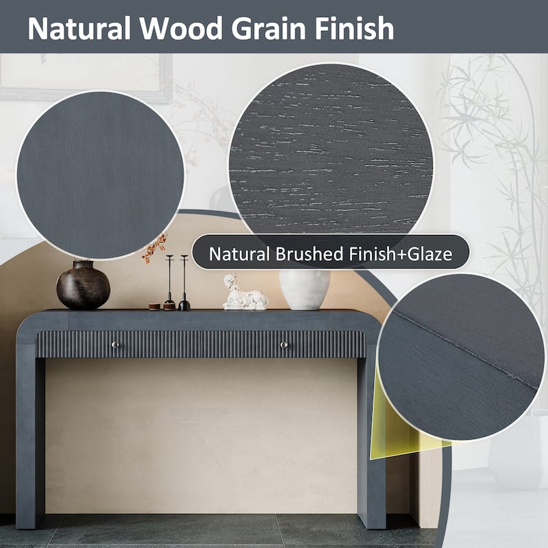 Console Table with Natural Wood Grain, Entryway Table with Fluted Drawer Front, Curved Corners & Thick Legs, Wood Sofa Table