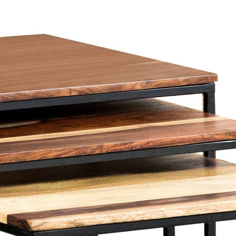 20, 18, 16 Inch 3 Piece Modern Nesting End Table Set, Brown Wood, Black