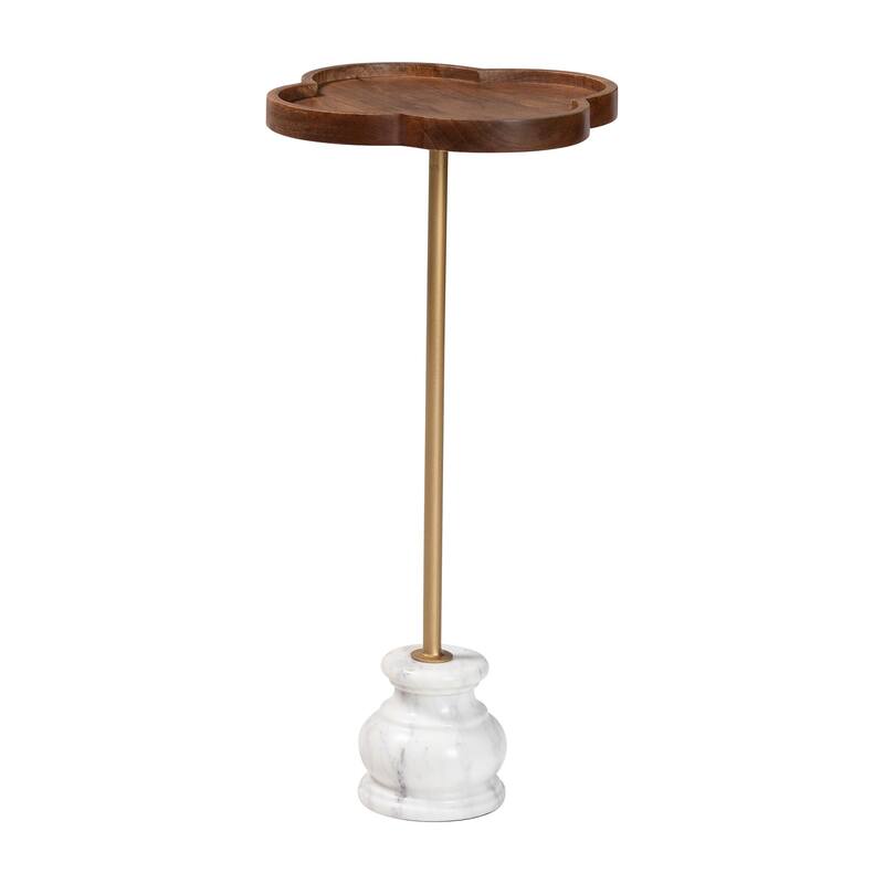 Gezana Drink Table with Marble Base - Compact Pedestal Accent Table with Clover Tray Top for Living Room or Sofa Side - Marble White, Gold, Walnut Brown