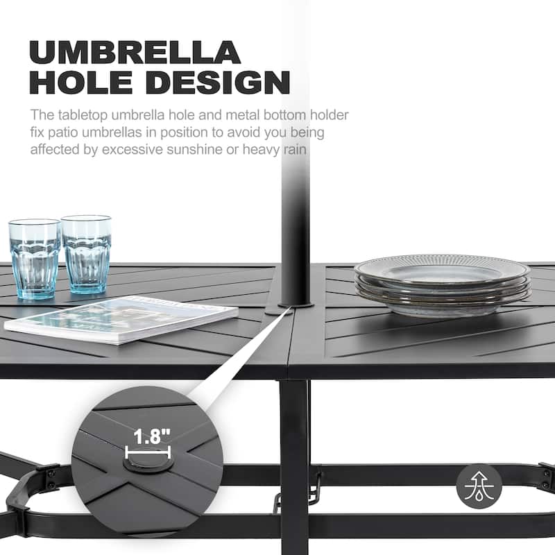 Outdoor Rectangle Iron Dining Table, Splice Tabletop with Umbrella Hole