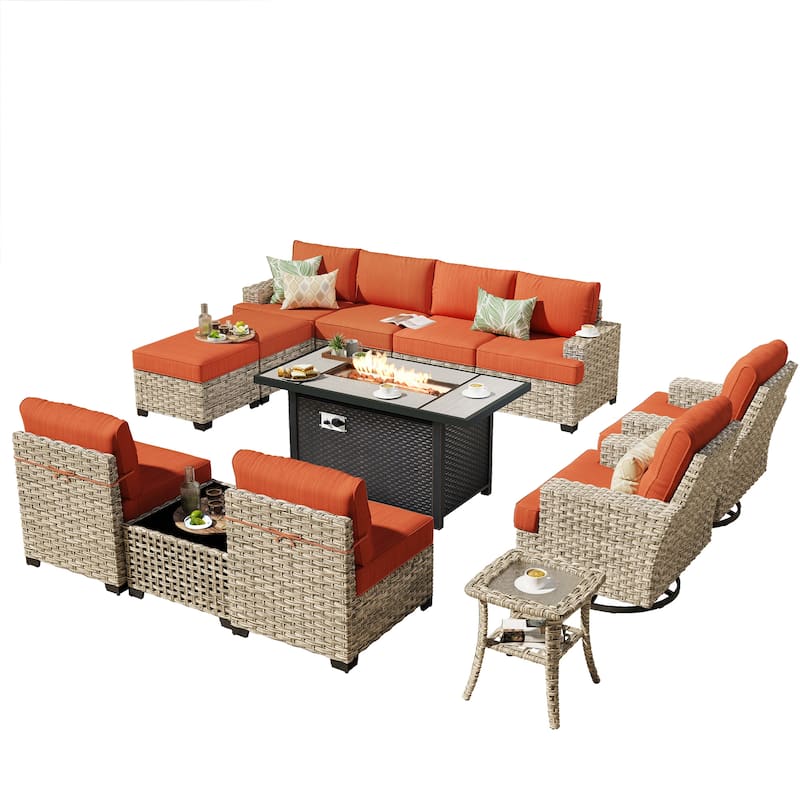 HOOOWOOO 13-piece Outdoor Sofa Patio Wicker Swivel Chair Set with 42" Fire Pit