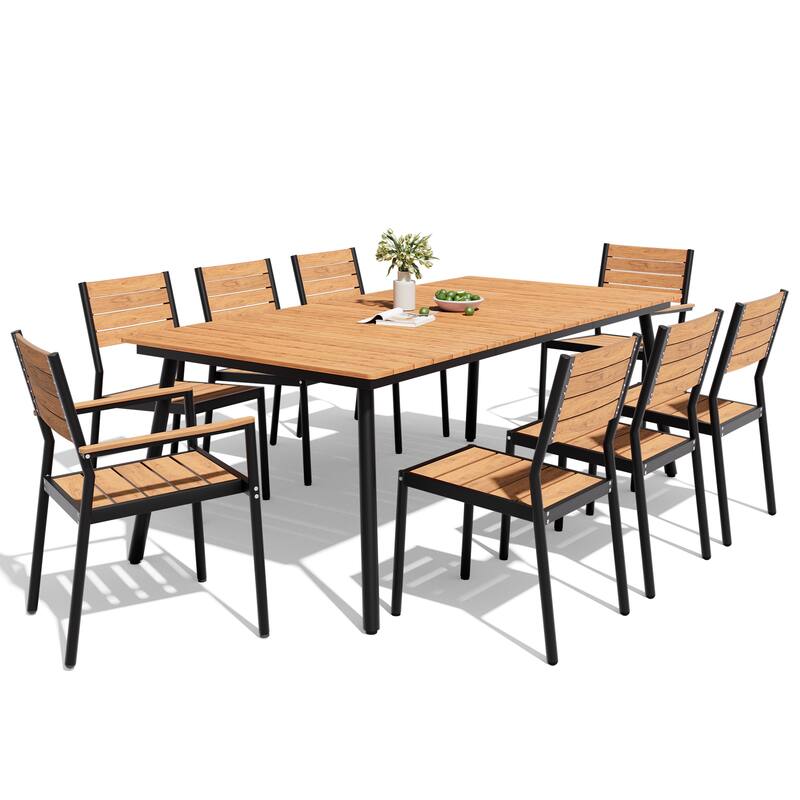 9PC Outdoor Patio Dining Set Aluminum Umbrella Hole Table with Stackable Chairs