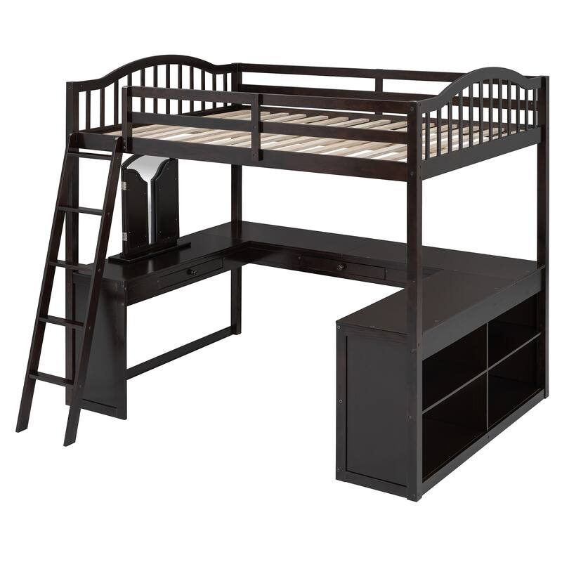 Full Wooden Loft Bed with U-shaped Desk,Storage Compartments and Tri-fold Mirror, Gray