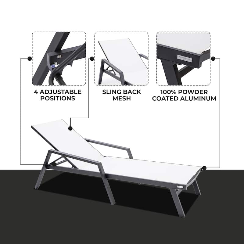 Marlin Outdoor Stackable Mesh Sun Chaise Lounge Chair with Arms and Adjustable Backrest for Pool, Beach, Patio, and Garden