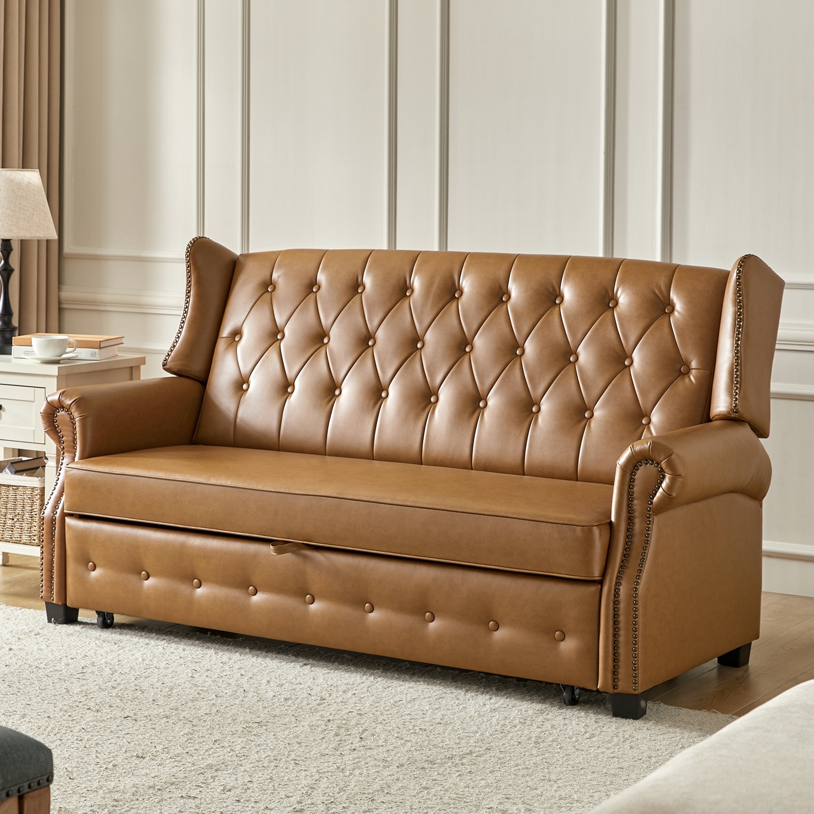 HULALA HOME Ruedi Transitional 73.5"W High-quality PU Leather Waterproof Sofa Bed with Tufted Back and Nailhead
