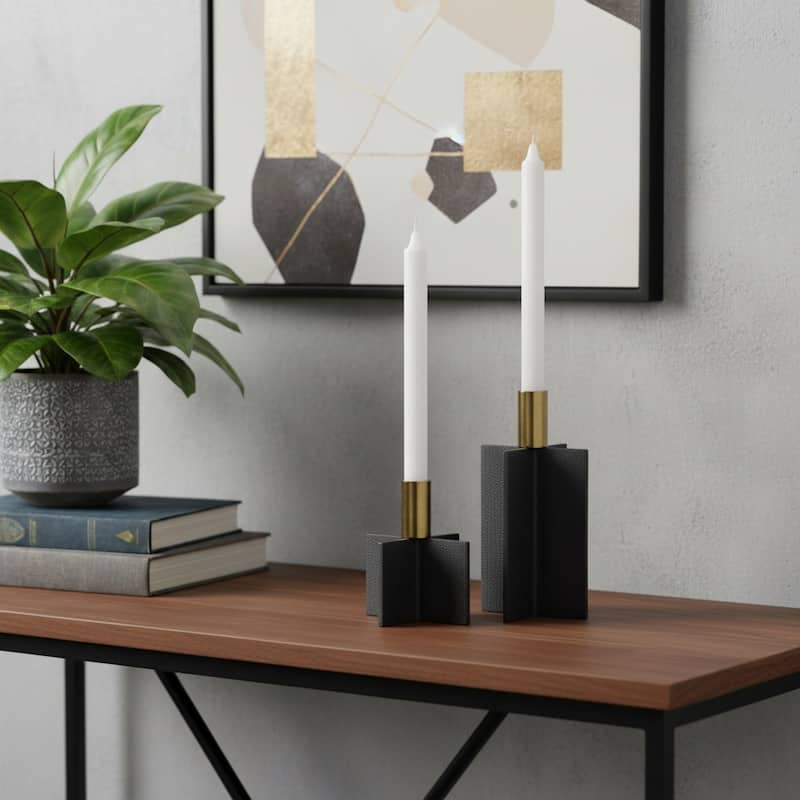 Set of Two Black And Gold Geometric Metal Tabletop Taper Candle Holders - Black/Gold