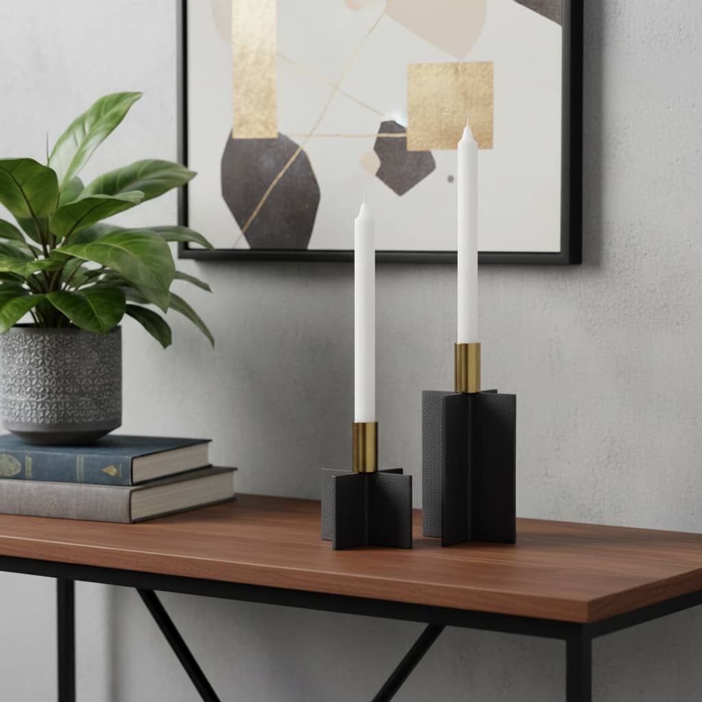 Set of Two Black And Gold Geometric Metal Tabletop Taper Candle Holders