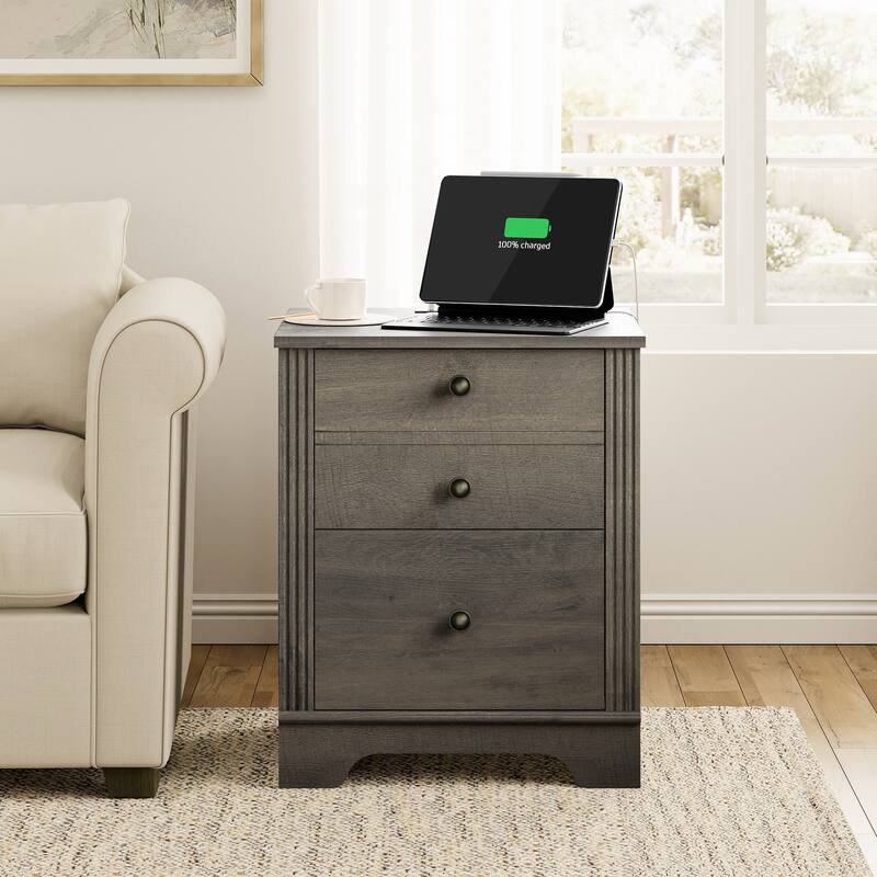 2 Drawer Wood End Table with Charging Station for Bedroom Living Room - Grayish Brown-1 Pack