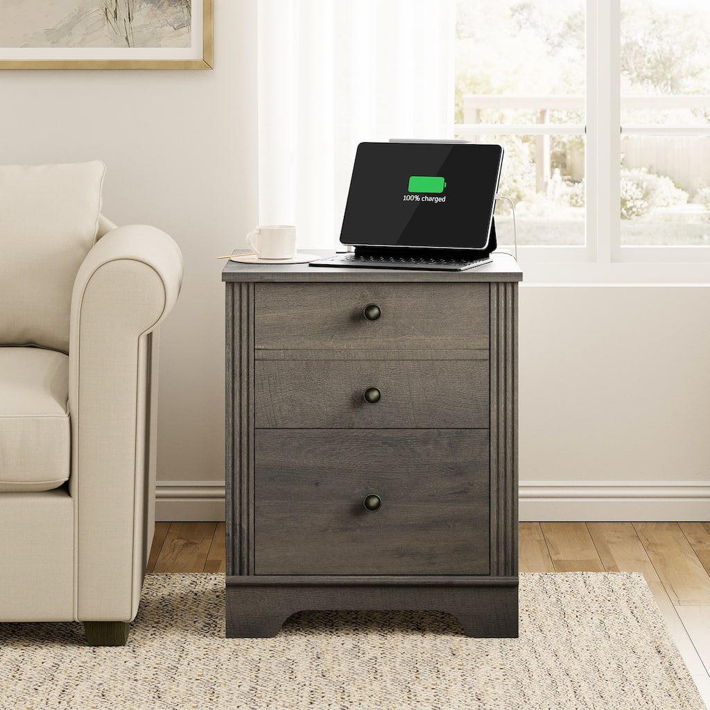 2 Drawer Wood End Table with Charging Station for Bedroom Living Room