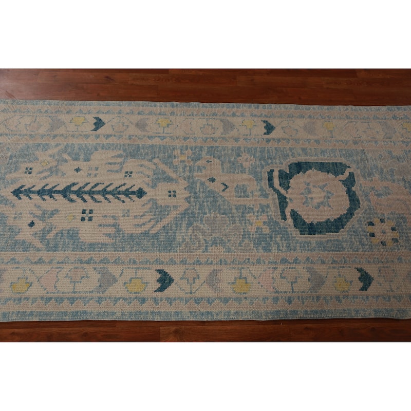 Hand Knotted Oriental 100% Wool Carpet Transitional Geometric Navy Blue & Blues Oushak Runner Rug - 14' 0'' X 3' 4''
