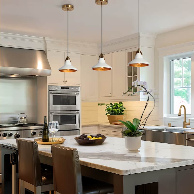1-Light Modern Elegant White Gold Metal Kitchen Island Light Height-Adjustable Pendant Light for Dining Room - D8.7" x H7.1"