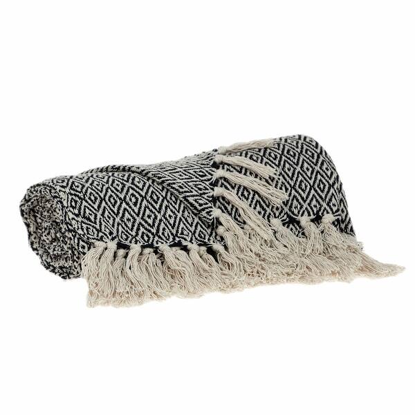 Boho Black and Beige Woven Diamond Pattern Throw with Tassels Boho Black and Beige Woven Diamond Pattern Throw with Tassels