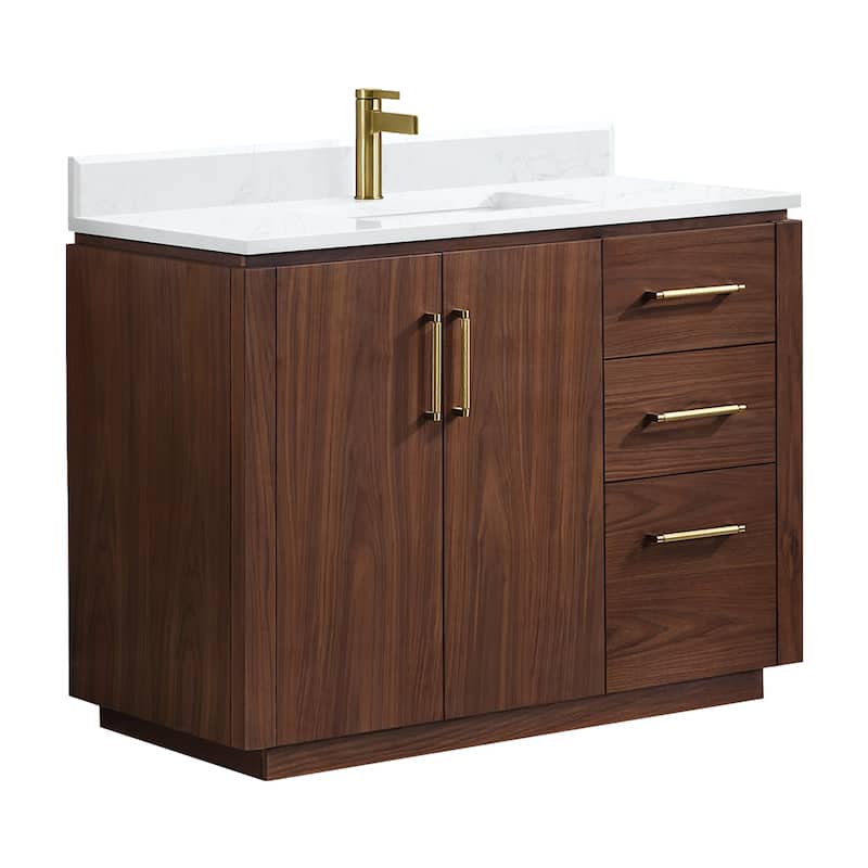 San Single Bath Vanity with Composite Stone Top without Mirror - 42in. - Natural Walnut