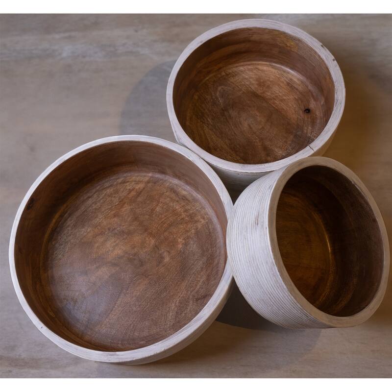 Set of 3 Wooden Round Bowls with Ribs White & Natural Dia 12" -ST - White & Wood - White & Wood