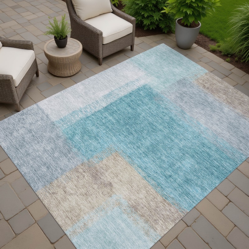 Machine Washable Indoor/ Outdoor Solid Contemporary Chantille Rug - Teal - 8' x 10'