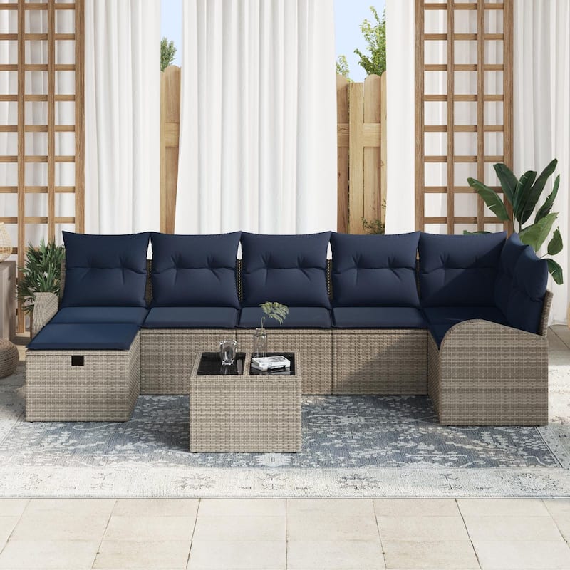 vidaXL 7/8 Garden Sofa Set with Cushions Black/Brown/Grey Poly Rattan - 113.8 x 48.8 x 27.2