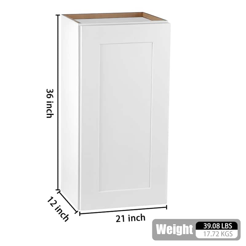 White Solid Wood Single Door Wall Cabinet 1 Door and 2 Shelves for Kitchen Storage, Adjustable Shelves (21"W×12"D×36"H)