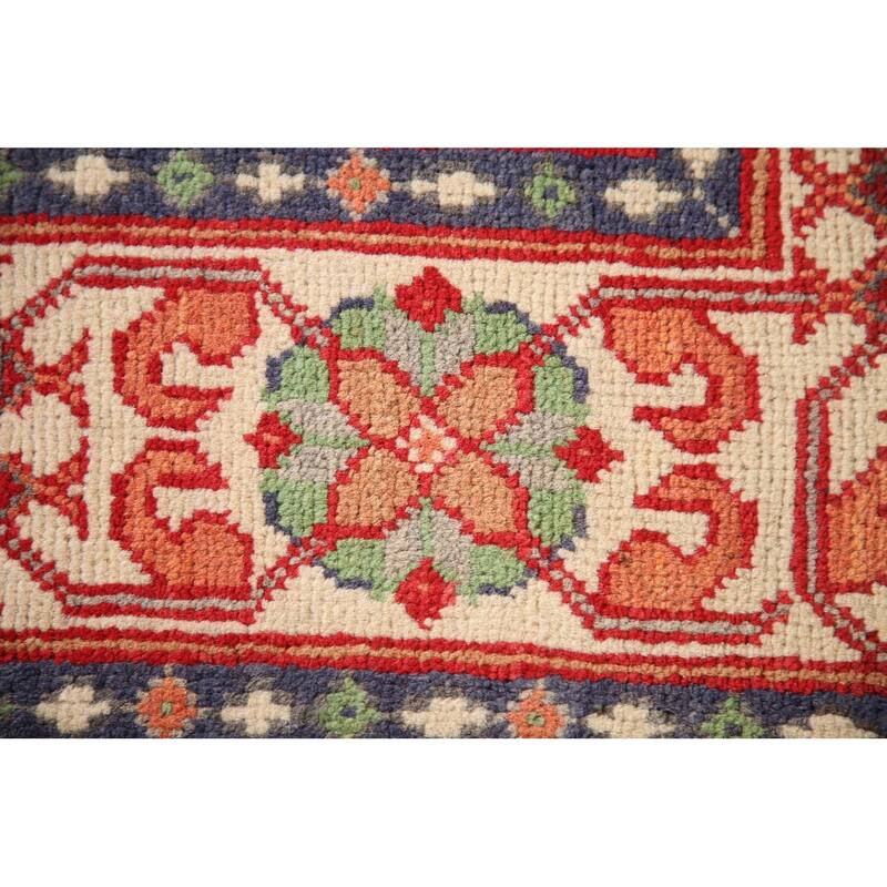 Geometric Kazak Rug Hand-Knotted Grey Wool Carpet - 3'3"x 4'10"