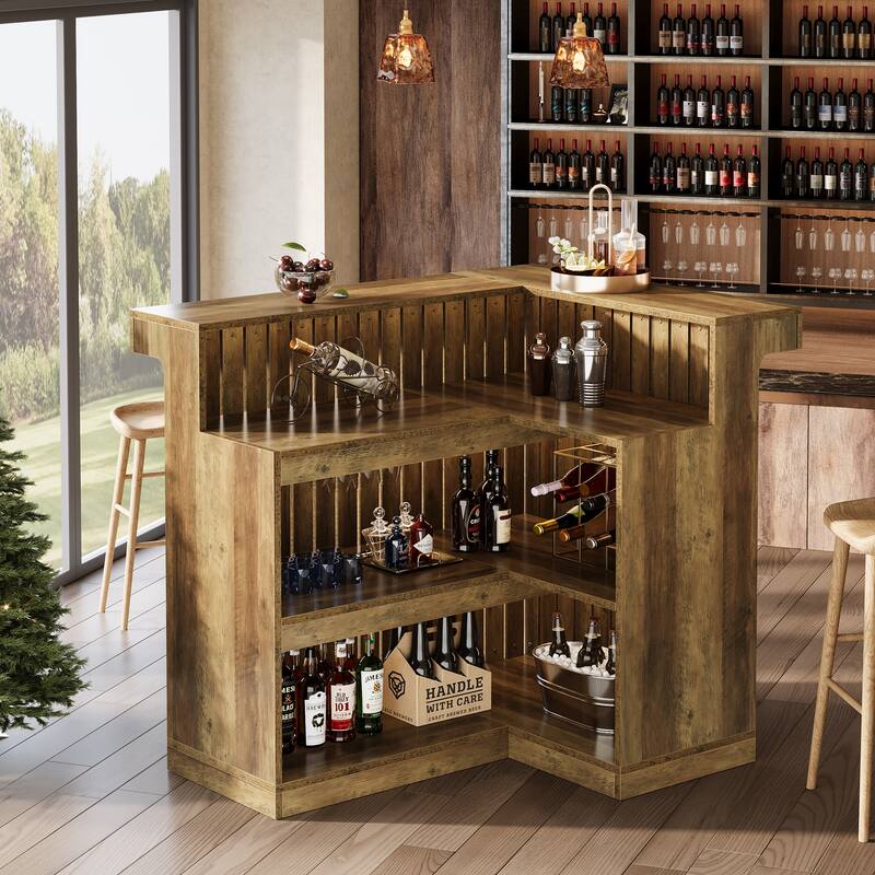 Home Bar Unit, Corner Liquor Bar Table with Storage Shelves & Wine Glass Holder, Pub Reception Accent Cabinet Desk