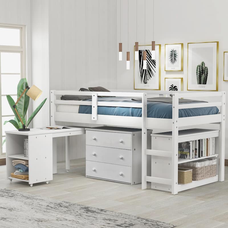 Low Study Twin Loft Bed with and Rolling Portable Desk Bed