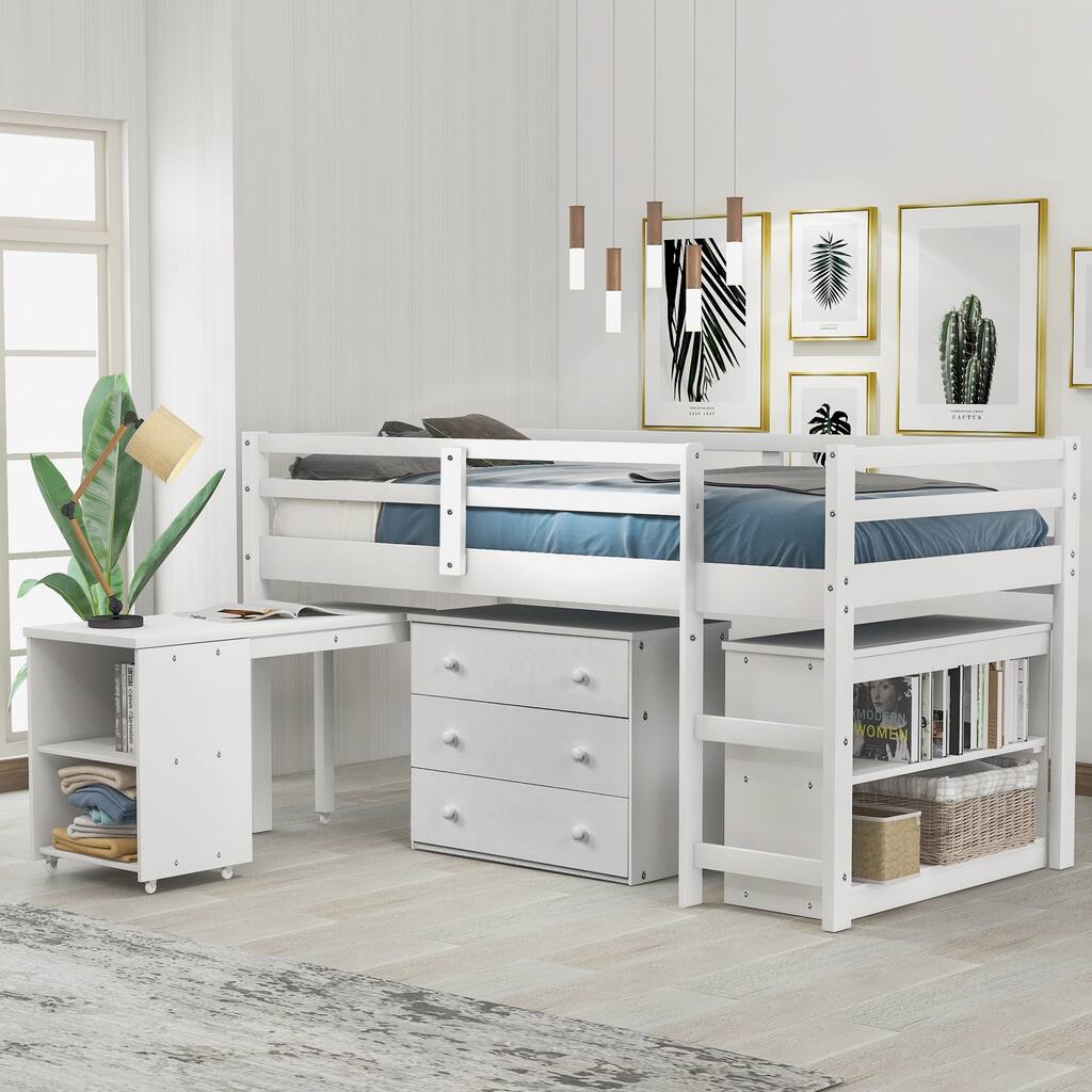 Twin/Full Loft Bed with Rolling Desk, Bookshelf & Storage Drawers