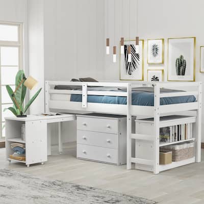 Twin/Full Size Low Loft Bed with Cabinet and Mobile Desk, Space-Saving Design