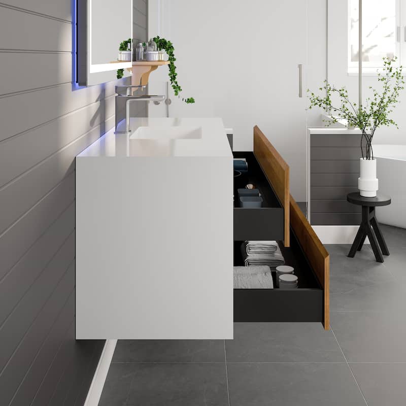 Eviva Vienna 48"W x 21"D Oak Wall Mount Bathroom Vanity with White Acrylic Countertop and Integrated Sink