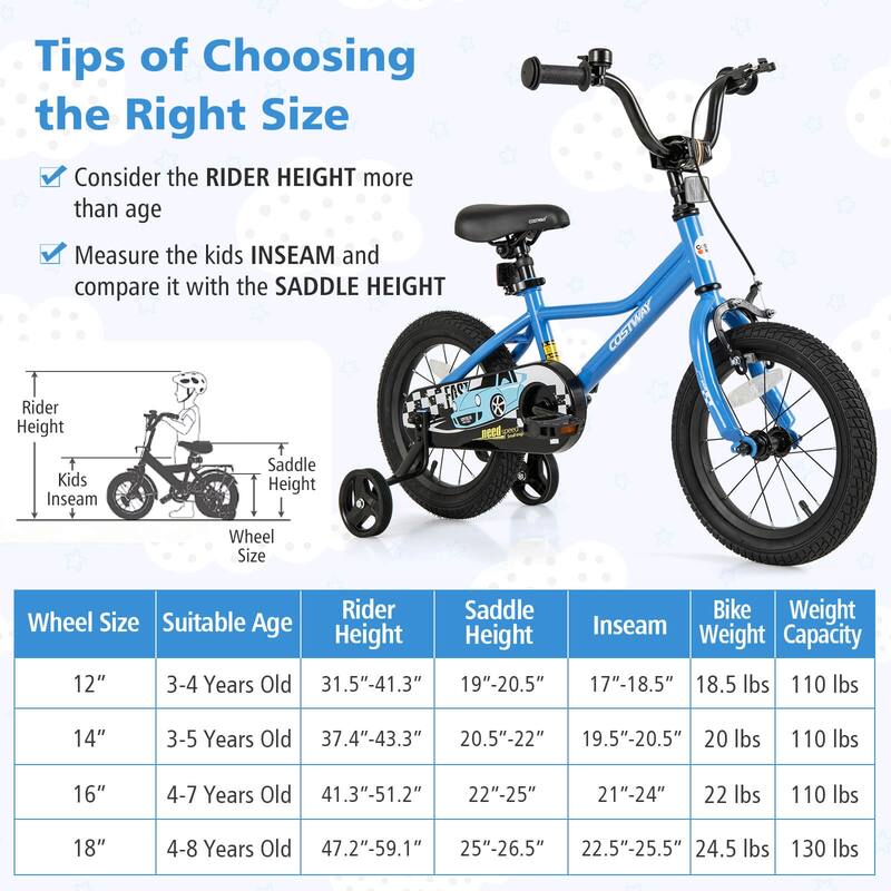 Costway 12"/14"/16"/18" Kids Training Bike with Removable Training