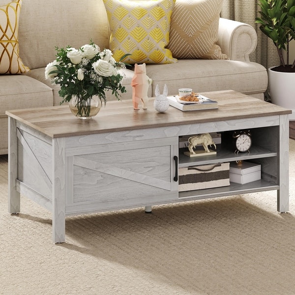Farmhouse Wood Coffee Table with Storage Sliding Barn Door Adjustment