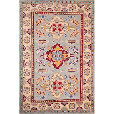 Geometric Kazak Area Rug Hand-Knotted Bedroom Wool Carpet - 4'1" x 6'0"