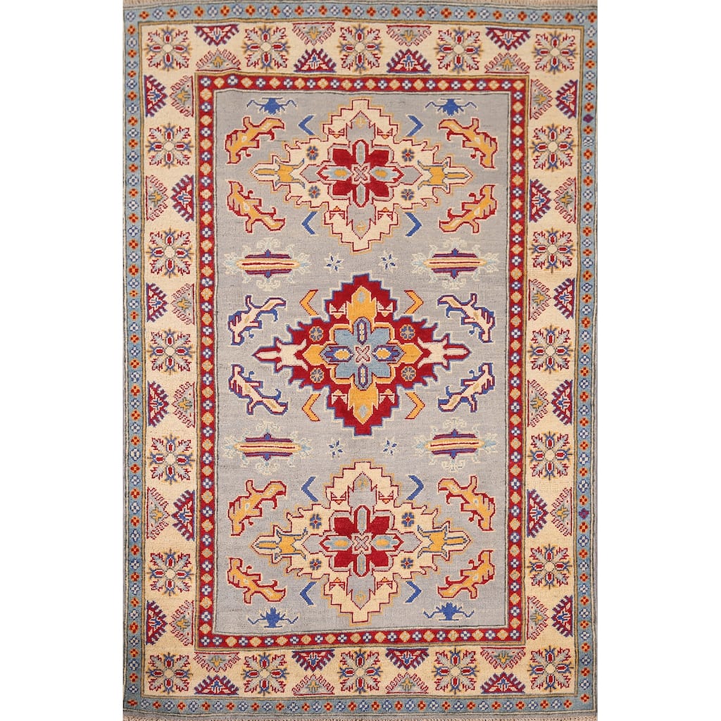 Geometric Kazak Area Rug Hand-Knotted Bedroom Wool Carpet - 4'1" x 6'0"
