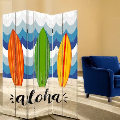 HomeRoots 72" Blue and White Canvas Folding Three Panel Screen Room Divider - 48' X '72' X '1