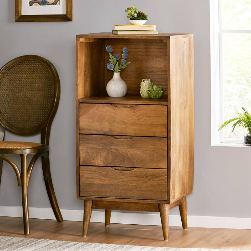 20" Rustic Wood Nightstand with 3 Drawers and Open Storage