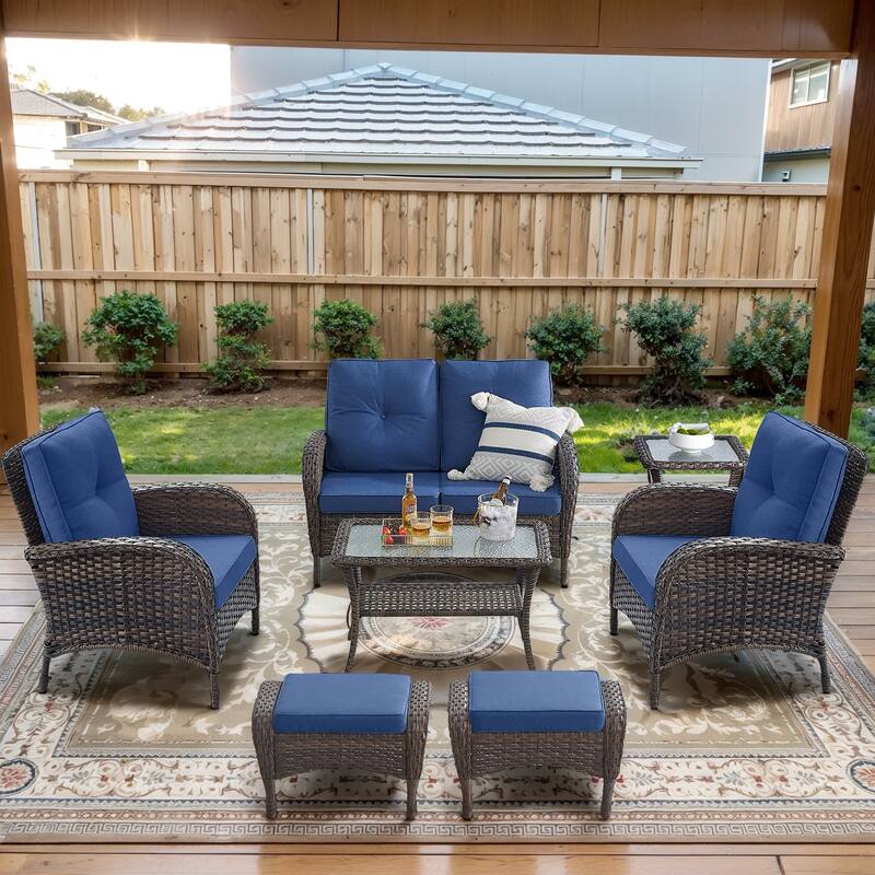 Pocassy Outdoor Loveseat Sofa with Table Funiture Set - Brown Wicker Blue Cushion - 7PCS Loveseat Sofa with Chairs Ottoman