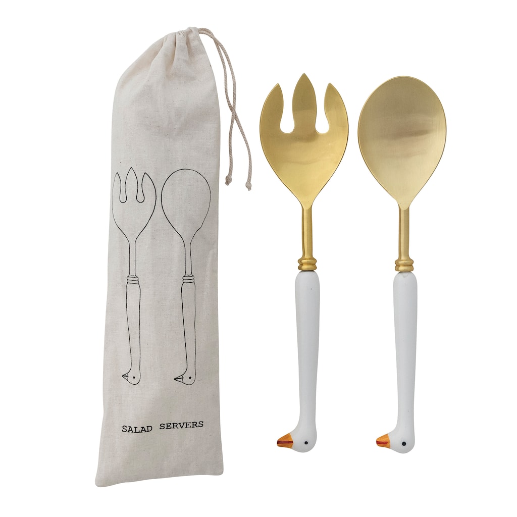 Stainless Steel Spoon and Fork Salad Servers with Aluminum Goose-Shaped Handles - 10.5"L x 2.5"W x 0.75"H