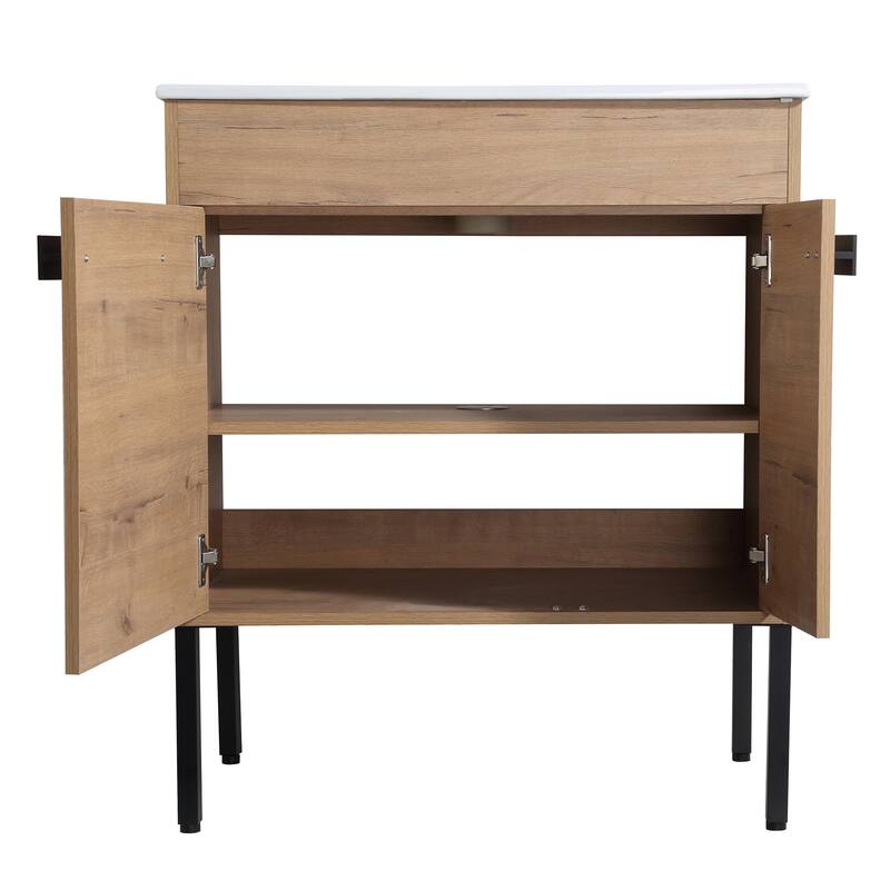 30 inch Plywood Freestanding/Wall Mounted Bathroom Vanity Set with Doors and Shelf and Integrated Ceramic Sink