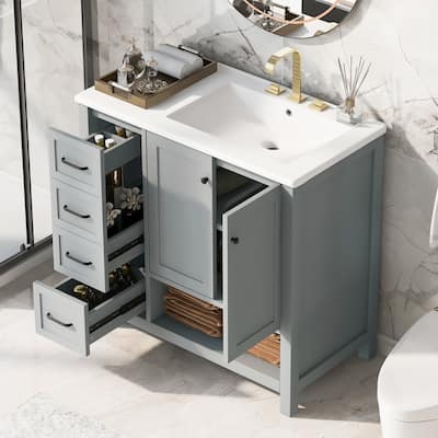 36" Bathroom Vanity with Sink Top, Bathroom Vanity Cabinet with Two Drawers and Open Shelf, Solid Wood, MDF Boards