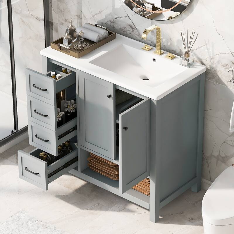 Freestanding Storage Cabinet Bathroom Vanity with Drop-In Sink, Ceramic Top, 2 Doors, 2 Drawers and Open Shelf