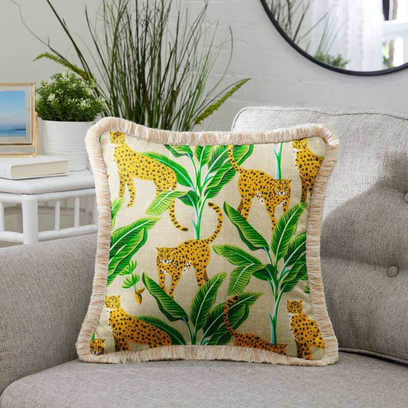 Cheetah Print Indoor/Outdoor Square Pillow with Fringe - 18 in L x 18 in W
