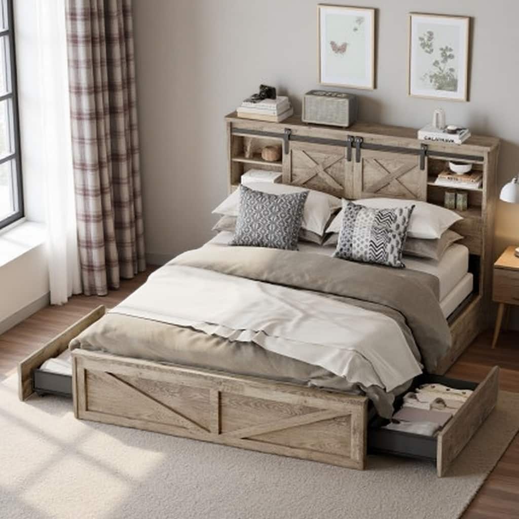 Queen Size Farmhouse Bed Frame with LED Lights, Charging Station, and 2 Storage Drawers, with Sliding Barn Door Headboard