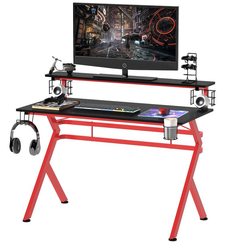HOMCOM 47" Gaming Desk Computer Table for Home Office with Headphone Hook, Cup Holder, and Controller Rack, Red/Black