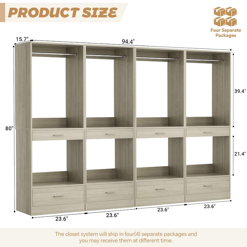 Qvella 23.6'' W Closet System with Hanging Rods and Wooden Drawers, Modular Walk-In Closet Organizer with Pants Rack