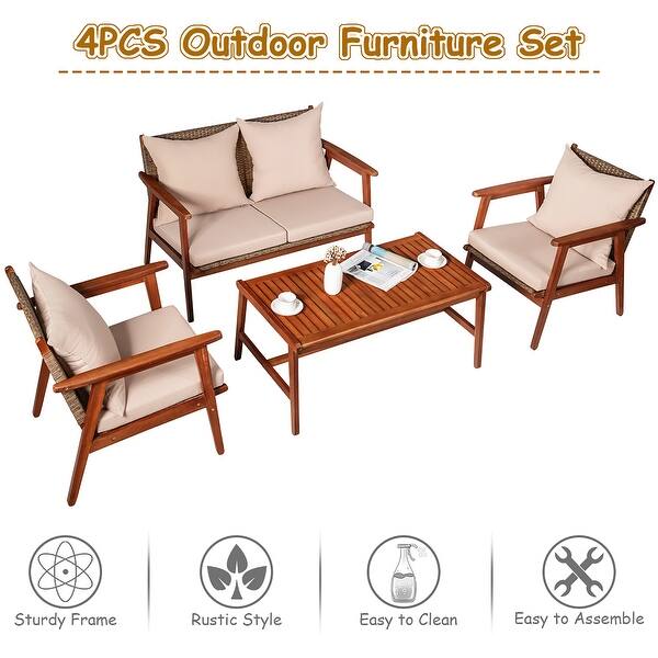 Shop Costway 4pcs Patio Rattan Furniture Set Acacia Wood Frame Cushioned Overstock 32207240