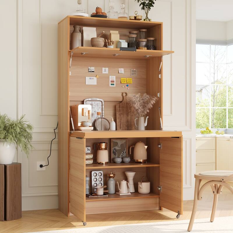 69" Kitchen Pantry Buffet with Hutch, Foldable Workstation & Power Outlet - Brown