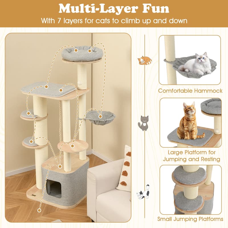 Modern 63-Inch Cat Tree with Perch, Condo, and Hammock, Ideal for Indoor Cats - 24" x 20" x 63"