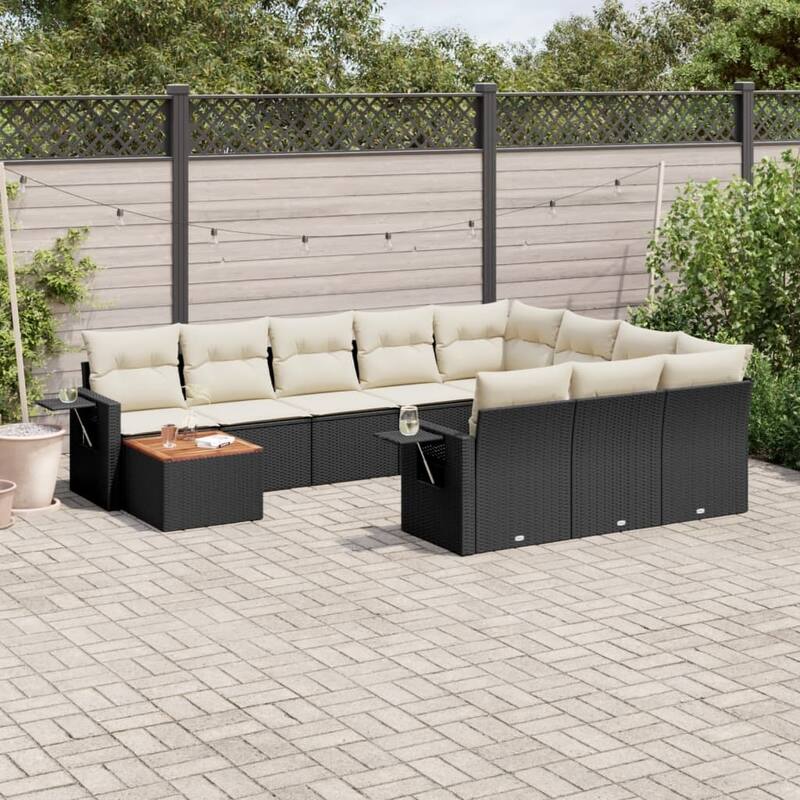 vidaXL Garden Sofa Set with Cushions Outdoor Sofa Set Corner Seat Poly Rattan - Black and Cream 6x middle + Table + 2x corner - 24.4 x 24.4 x 27.2 in (W x L x H)
