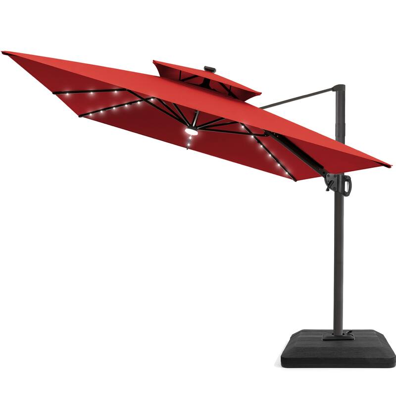 9 X 11 FT Outdoor Patio Cantilever Umbrella with Solar Lights 4-Piece Premium Base Double Canopy 360 Rotation Tilt